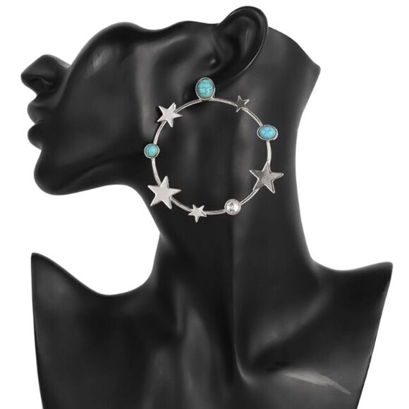 Celestial Star Turquoise Crystal Silver Tone Constellation Hoop Earrings NWT - Picture 2 of 6